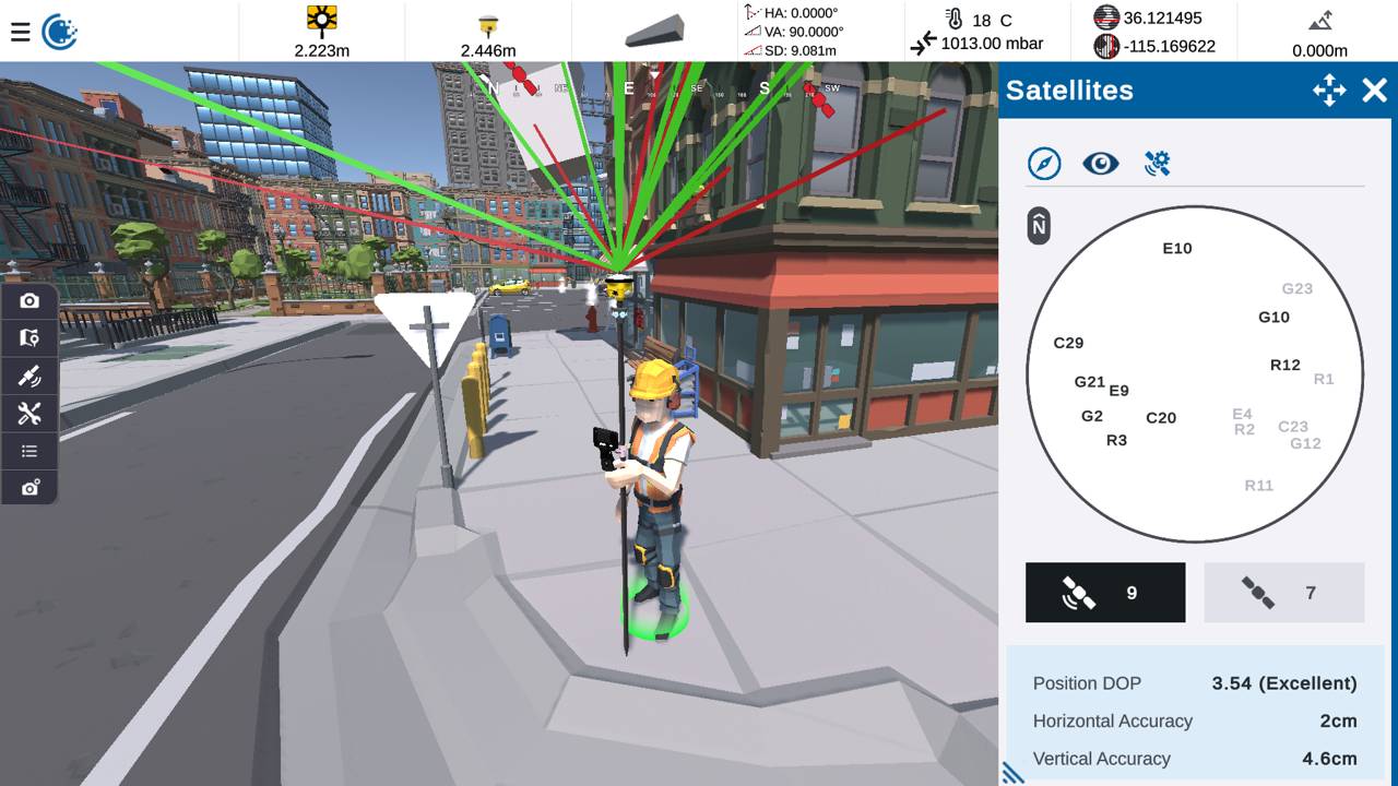 Screenshot of Trimble Virtual World showing GNSS simulation features